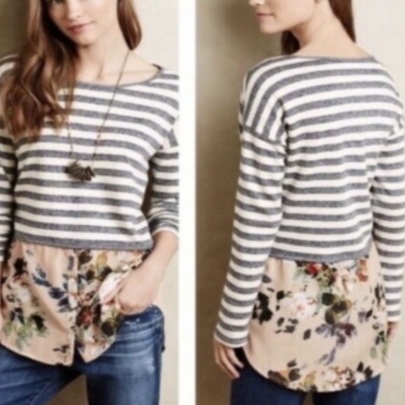 Anthropologie Postmark Ginny Pullover Striped Floral Mixed Media Top - Picture 1 of 8